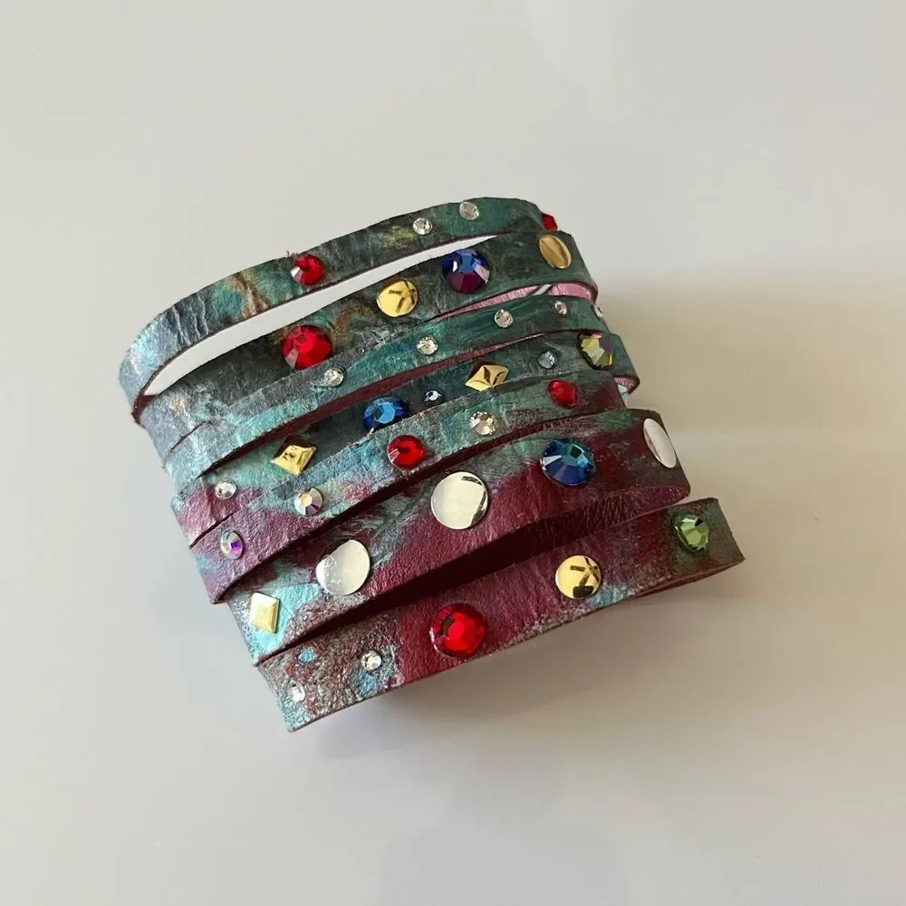Hand Painted Rhinestone Studded Leather Bracelet